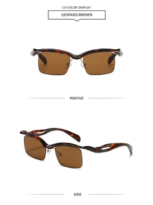 Detail of leopard print half-frame sunglasses with brown lenses and wavy hollow temples