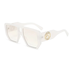 Stylish square oversized sunglasses with white translucent frames and gold S-logo details