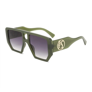 Fashionable square army green oversized sunglasses with double bridge and gold S logo