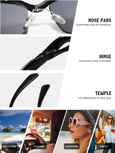 Detail view of nose pads, hinges and temples of semi-rimless sunglasses for travel and driving
