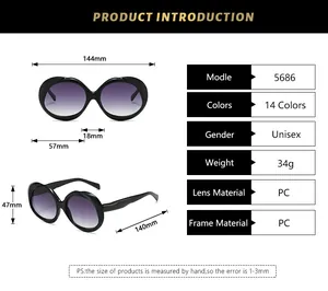 Detailed size chart for 5686 oval sunglasses including frame width and lens height