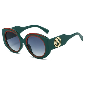 Retro round frame oversized sunglasses with dark green acetate and gold metal logo