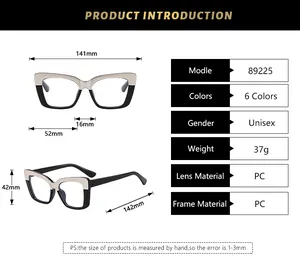 Detailed size specifications for square color-block glasses with precise measurements