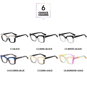 Matrix display showing six different color variants of square anti-blue light glasses
