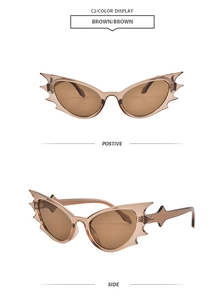 Brown bat-shaped rimless sunglasses featuring unique wing-shaped frames in front and side views
