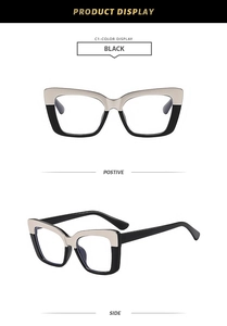 Front and side view of cat-eye square frames in stylish black and beige contrast