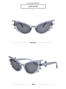 Front and side views of translucent grey bat-wing sunglasses with spiked cat-eye frame