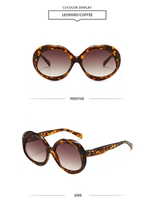 Front and side views of leopard print oval sunglasses with gradient brown lenses