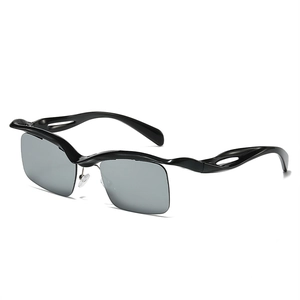 Futuristic wave semi-rimless sunglasses with dark grey lenses in black irregular frames