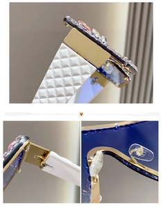 Detailed close-up of sunglasses featuring white quilted temples and rhinestone-encrusted frames