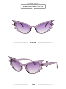 Detail of purple gradient bat-wing sunglasses with stylish cat-eye frame and side view