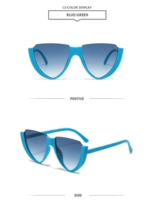 Front and side views of blue cat-eye shield sunglasses with gradient lenses