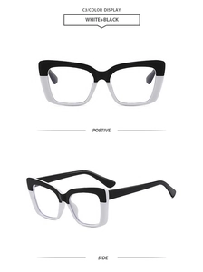 Detailed views of square cat-eye glasses frame in black and white color blocking