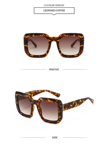 Detail view of leopard print rectangular sunglasses with coffee gradient lenses