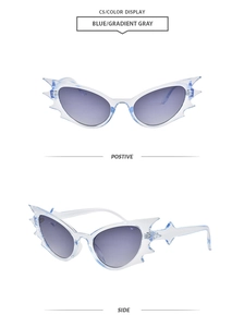 Front and side view of trendy bat-shaped wing sunglasses with translucent blue frames