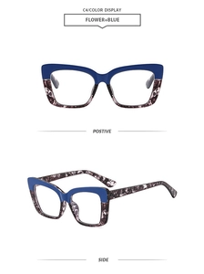 Detail view of cat eye glasses frame in blue and floral color combination C4