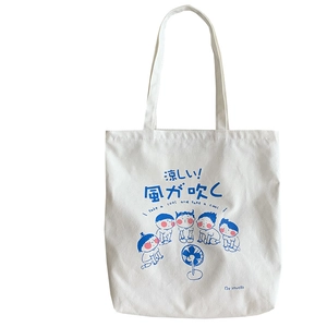 Japanese style cute cartoon canvas tote bag with long handles and blue print