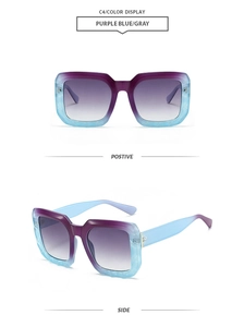 Detail view of purple and blue gradient rectangular sunglasses with gray lenses