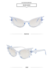 Front and side views of stylish blue bat-shaped sunglasses with Y2K aesthetic design