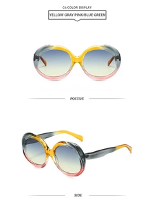 Detail view of oval gradient sunglasses in yellow pink and green with a transparent frame