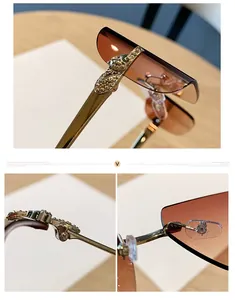 Detailed macro view of the golden leopard head emblem on rimless gradient sunglasses