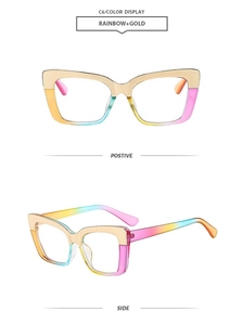 Detail view of rainbow and gold square cat-eye glasses frame with metal accents