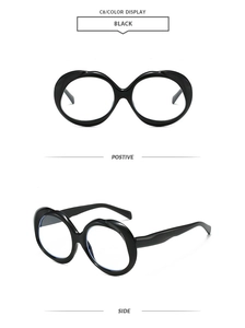 Front and side views of chunky black oval frame sunglasses with polished finish