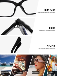 Detail view of square color-block frames featuring reinforced hinges and comfy nose pads