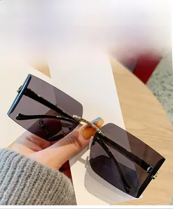 Detail of rimless square grey sunglasses featuring a gold leopard head metal hinge