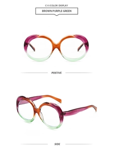 Detailed views of oval sunglasses frame featuring unique brown purple green gradient finish