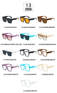 Detailed catalog showing 13 trendy oversized square sunglasses in various chic frame colors