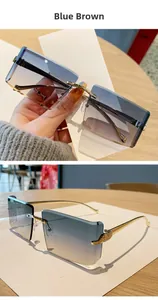 Detail of rimless rectangle sunglasses with blue-brown gradient lenses and gold metal arms