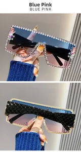 Detail of blue-pink gradient sunglasses with diamond-set frames and quilted temples