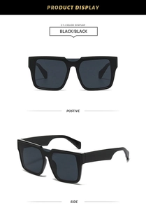 Front and side view of trendy black square oversized sunglasses with dark lenses