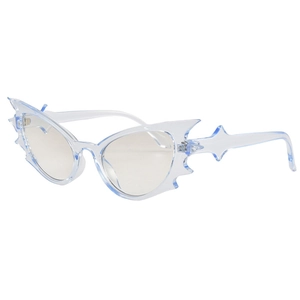 Fashionable blue transparent bat-shaped sunglasses with stylish cat-eye jagged flame frames