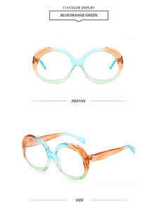 Detail of trendy oval frame sunglasses with blue, orange, and green gradient colors