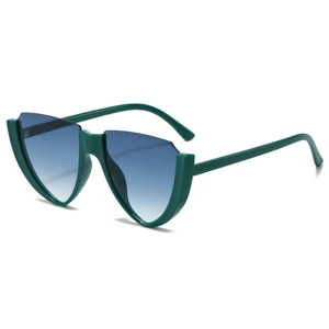 Modern avant-garde shield sunglasses with green geometric frames and blue gradient lenses