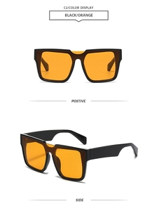 Front and side views of black square sunglasses with vibrant orange lenses