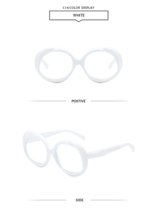 Front and side view of white matte oval sunglasses frames showing minimalist design