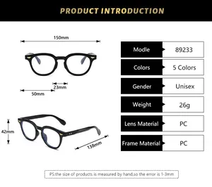 Detailed size chart for vintage square frame glasses with full dimensions and PC material info