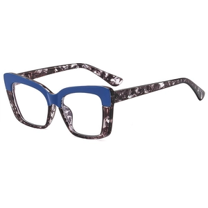 Modern square color-block glasses with blue top and marble pattern frame for women