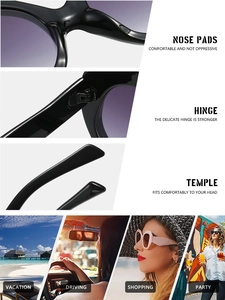 Detail view of oval sunglasses featuring comfortable nose pads, sturdy hinges, and sleek temples