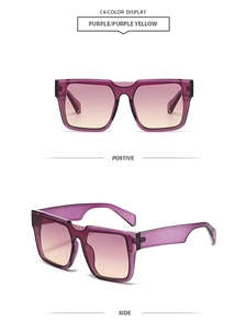 Macro detail of purple gradient lenses and stylish square frame on trendy sunglasses