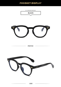 Detailed front and side views of classic black square round anti-blue light glasses