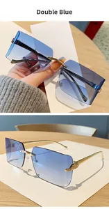 Detail view of gold leopard hinge and gradient blue rimless square sunglass lenses