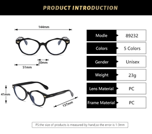 Detailed size specifications of blue light blocking glasses with dimensions and materials