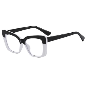 Square two-tone black and white fashion eyeglasses with anti-blue light clear lenses