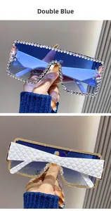 Detail of oversized sunglasses featuring rhinestone edges and quilted texture on wide temples