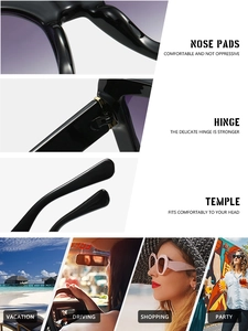 Detailed views of sunglasses featuring purple gradient lenses and reinforced metal hinges