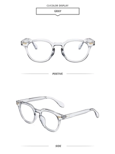 Classic gray square-round glasses frames with side view showing golden metal detail
